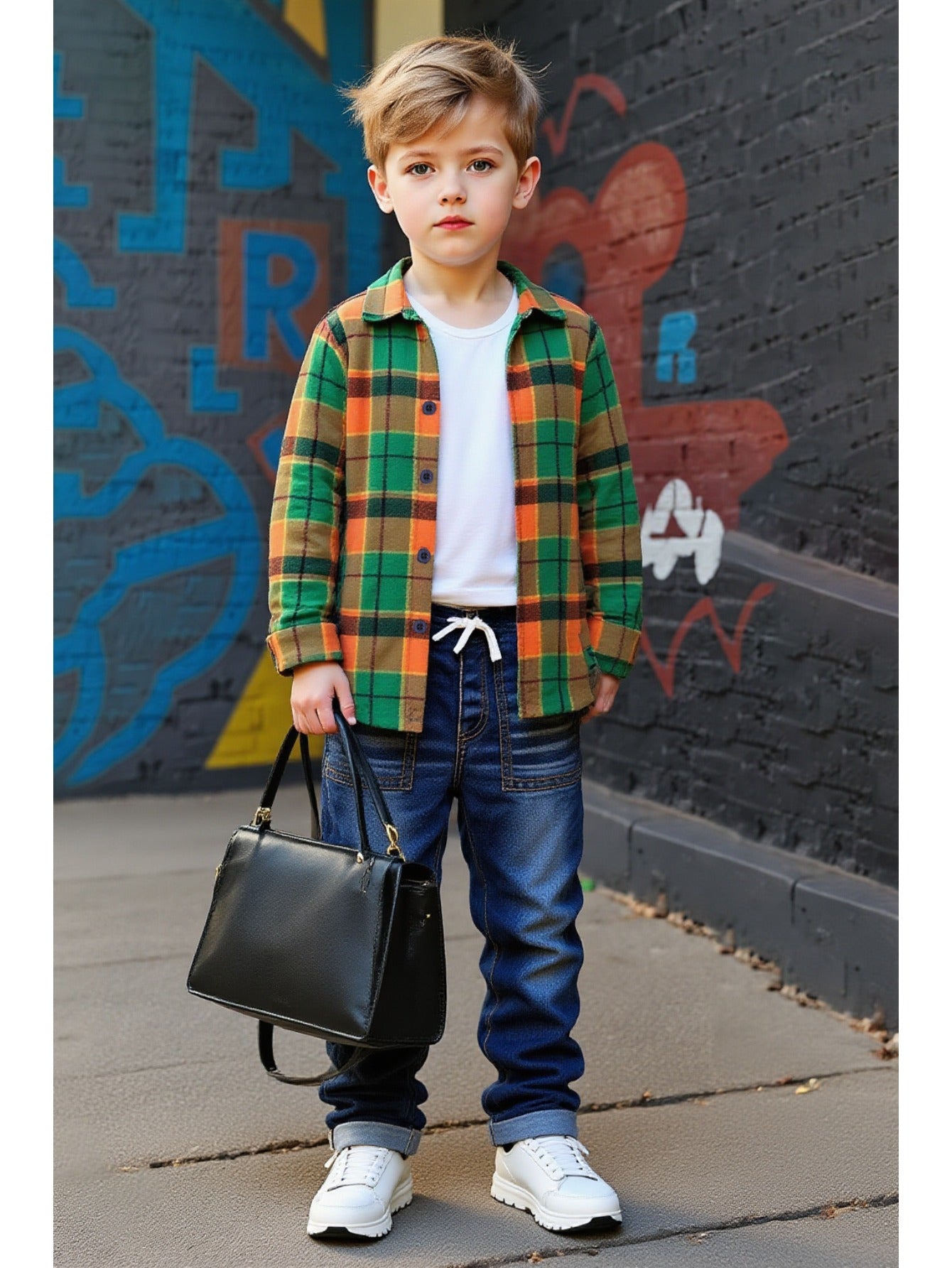 Boys Plaid Button Down Shirt And Denim Two Piece Set