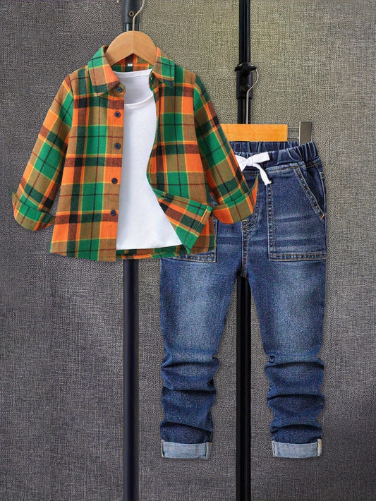 Boys Plaid Button Down Shirt And Denim Two Piece Set
