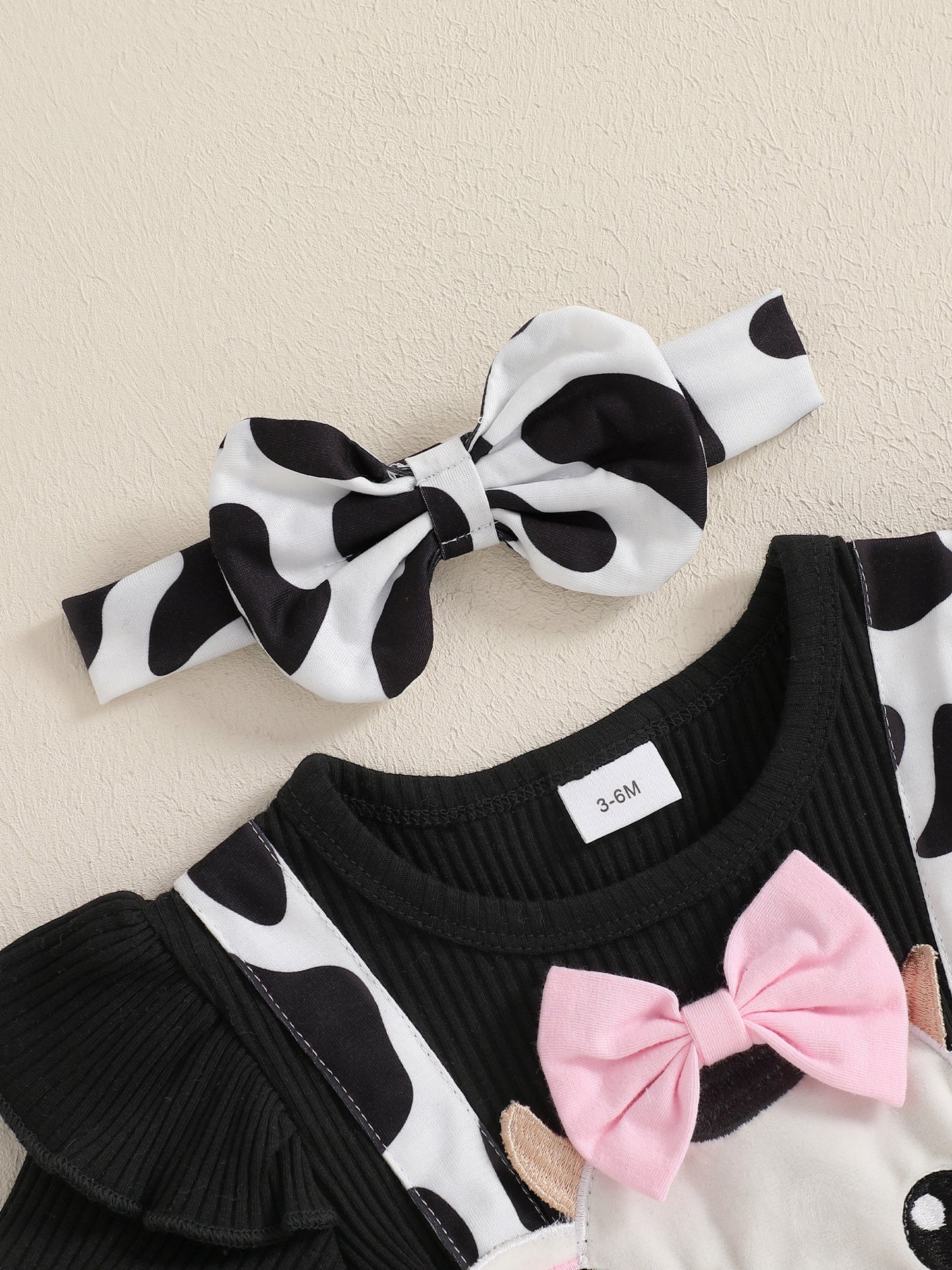 Baby Girl 2pcs Spring Outfit Short Sleeve Round Neck Cow Embroidery Jumpsuit with Headband Set Newborn Clothes for Outdoor