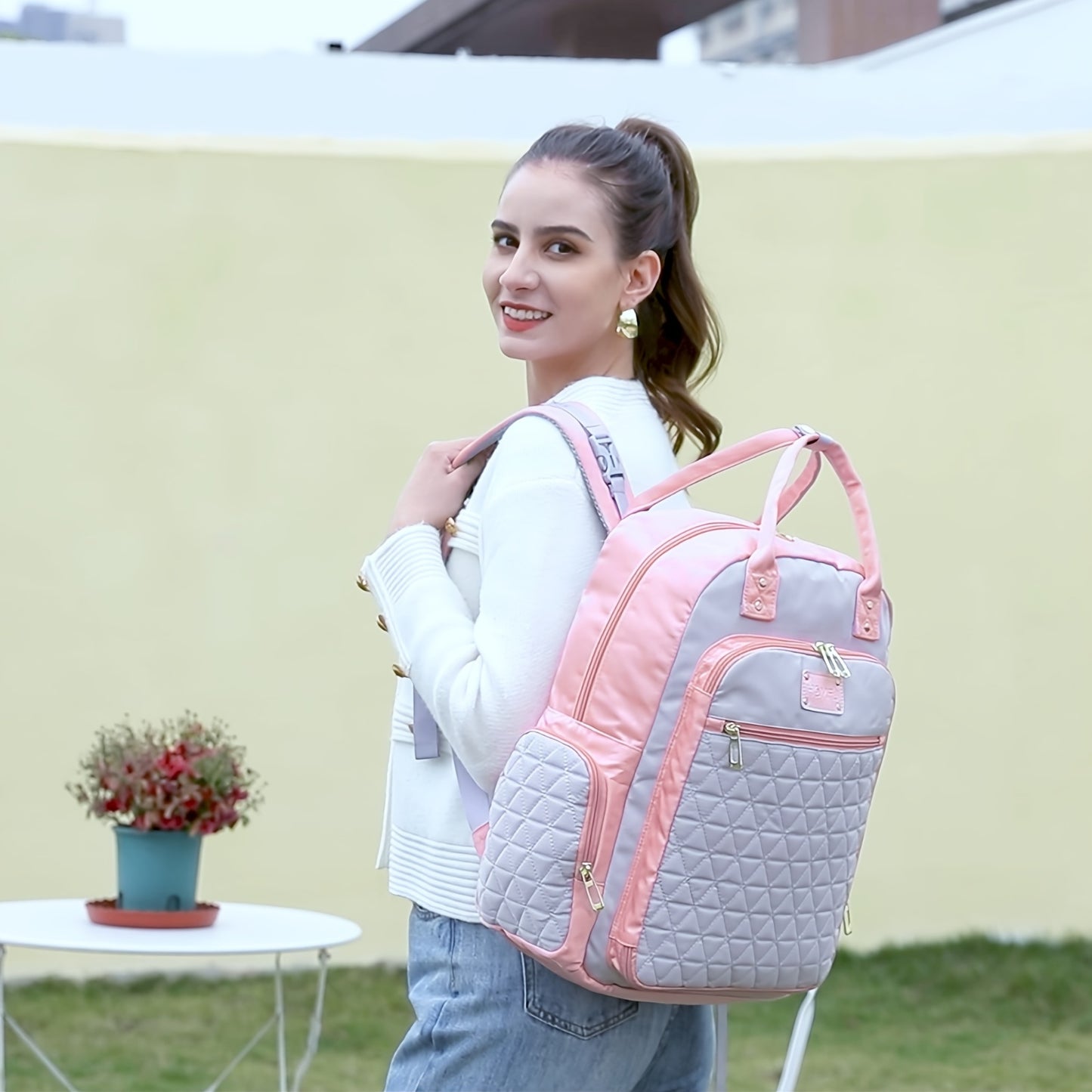 High Quality Pink Quilted Diaper Backpack with Zipper Pockets for Moms Hospital Bag Travel Essentials Stylish Casual Polyester Fabric
