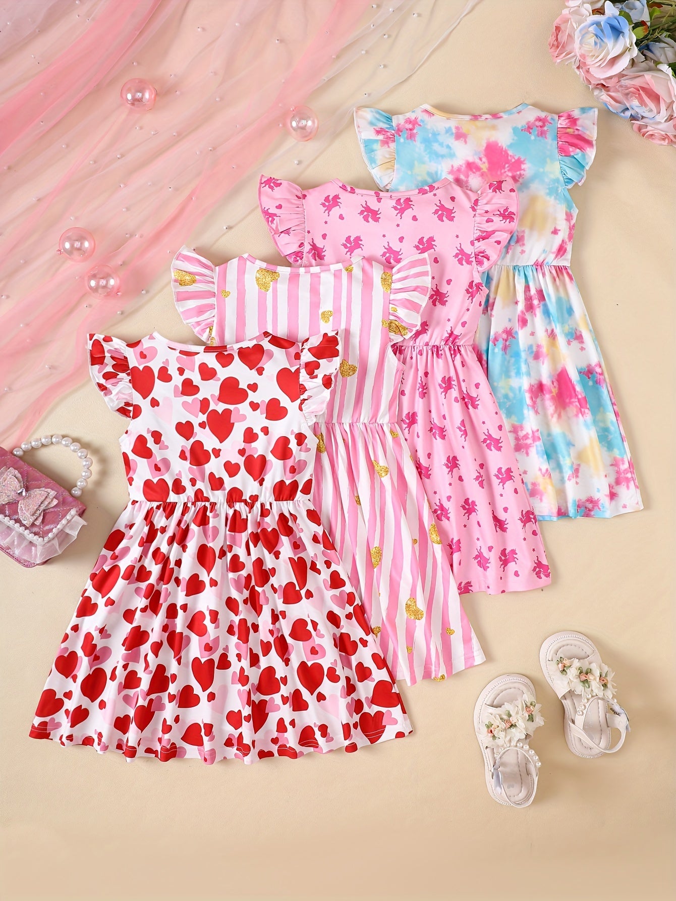 4pcs Summer Girl Printed Dress Casual Spring and Summer Trendy Versatile Dress for Little Girls