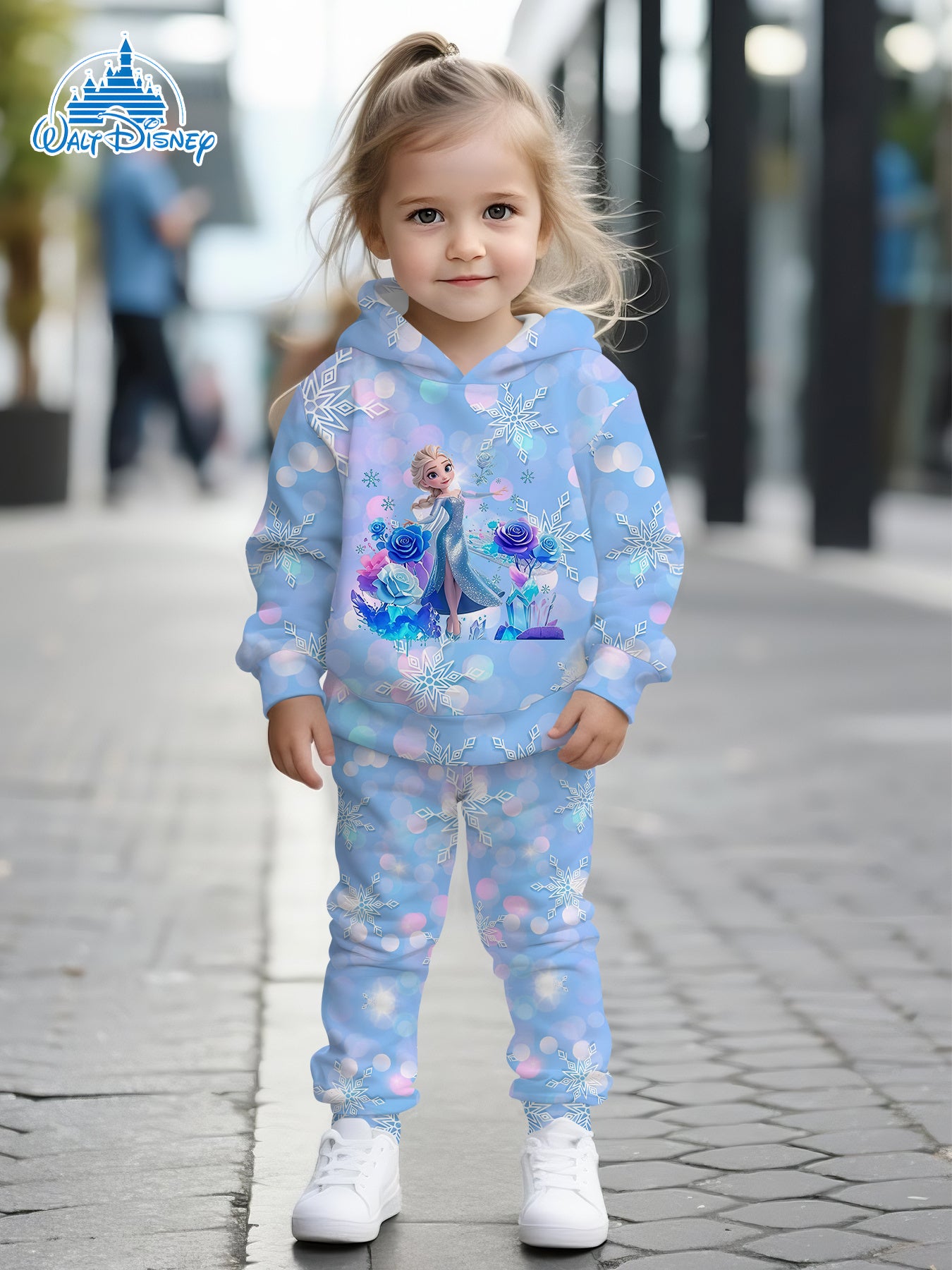 2- Piece Girls' Set with Disney Frozen Elsa Magical Snow- themed Digital Print Design, Long- sleeve Hoodie and Sweatpants Set, a Clothing Gift Suitable for Children. of Comfortable Fabric, Suitable for Autumn and Winter, Casu