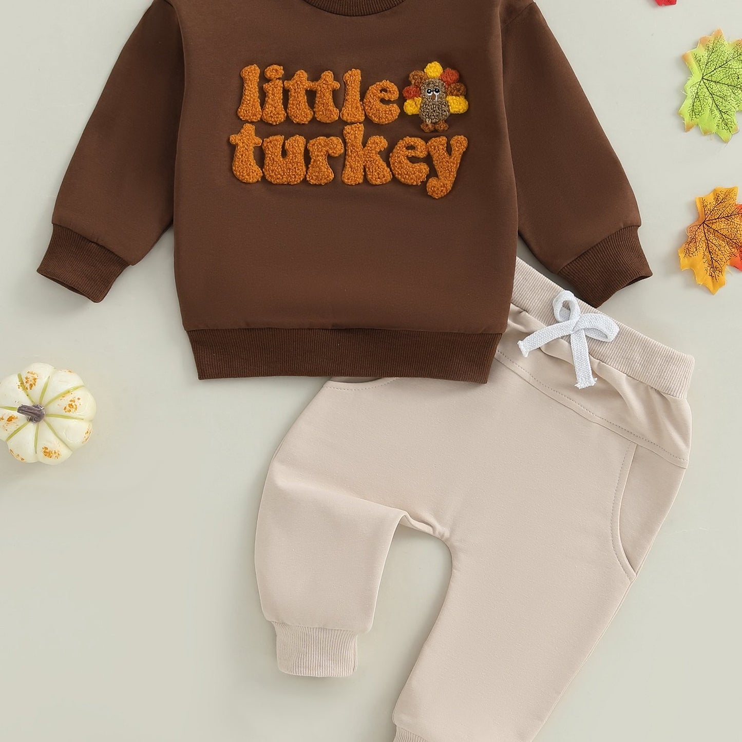 2pcs Toddler Boy Thanksgiving Outfit Set - "Little Turkey" Embroidered Long Sleeve Pullover & Elastic Waist Pants, Casual Crew Neck, Regular Fit, Spring/Fall Collection, Perfect for Thanksgiving, Thanksgiving Outfit | Playful