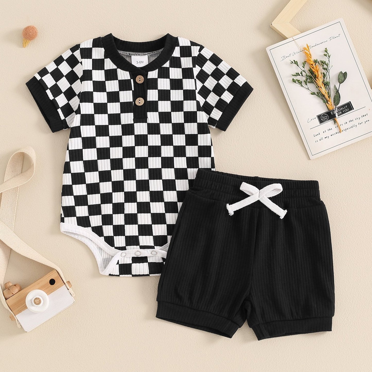 Baby Boys Summer Outfits Checkerboard Buttons Short Sleeve Romper And Shorts 2pcs Clothes Set For Outdoor