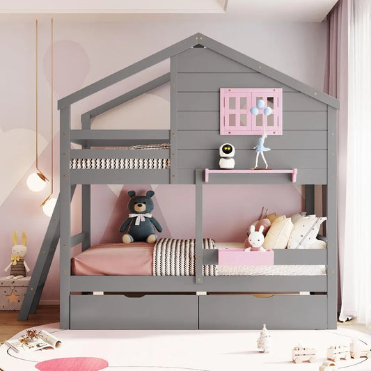 Twin Over Twin Bunk Bed With Drawers Storage Box Shelf Wood