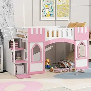 Twin Size Loft Bed With Play House And Ladders For Kids
