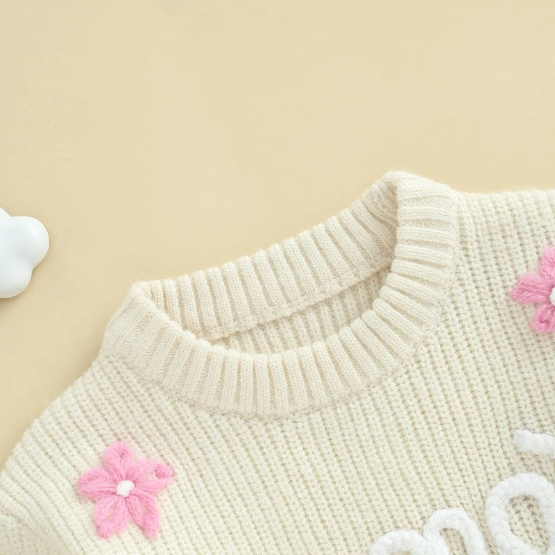 Cute Baby Girls Knit Sweater Floral Embroidery Cozy Sleeves