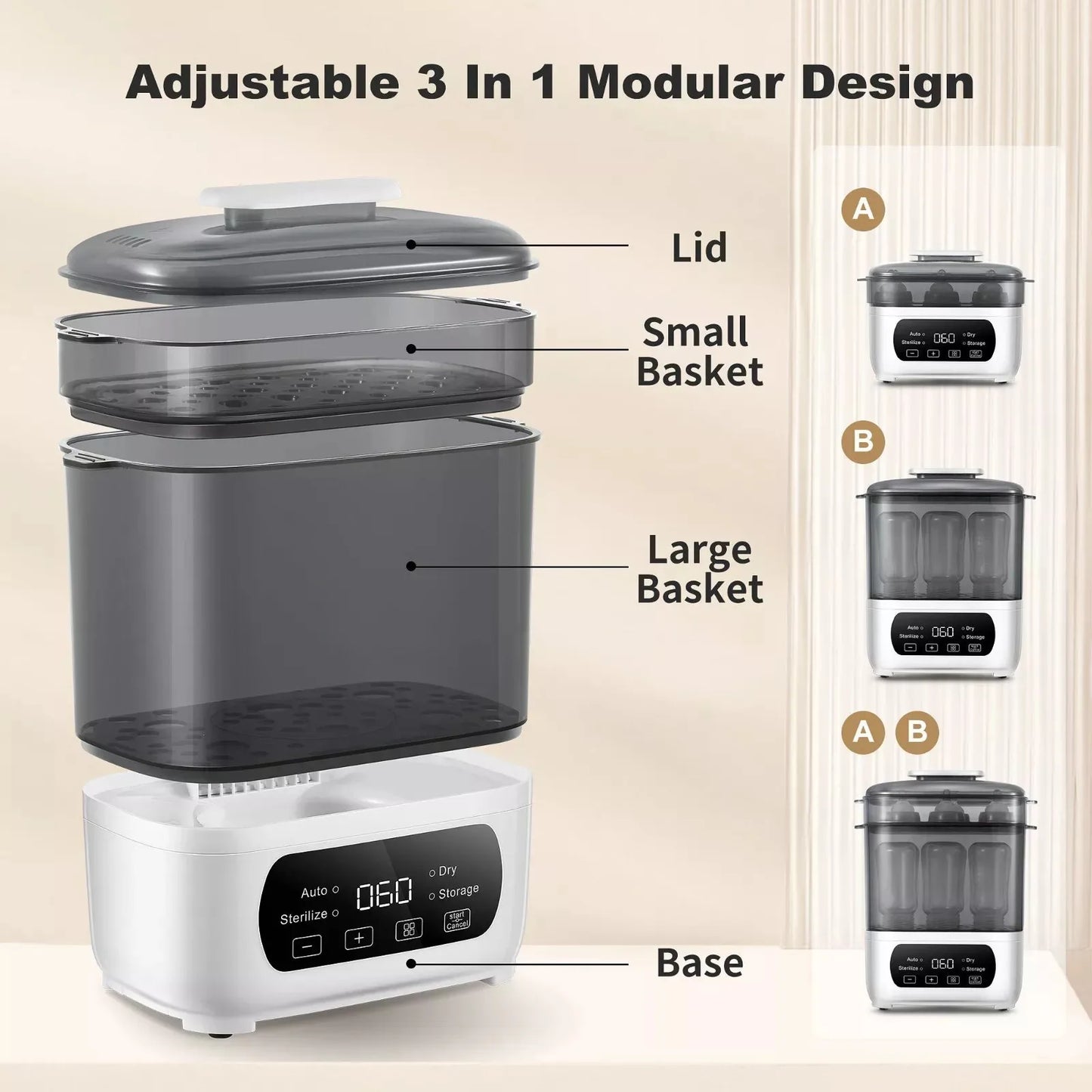 Tieasy 4 in 1 Electric LED Touch Screen Multi Function Gray Baby Bottle Sterilizer Dryer BBS001