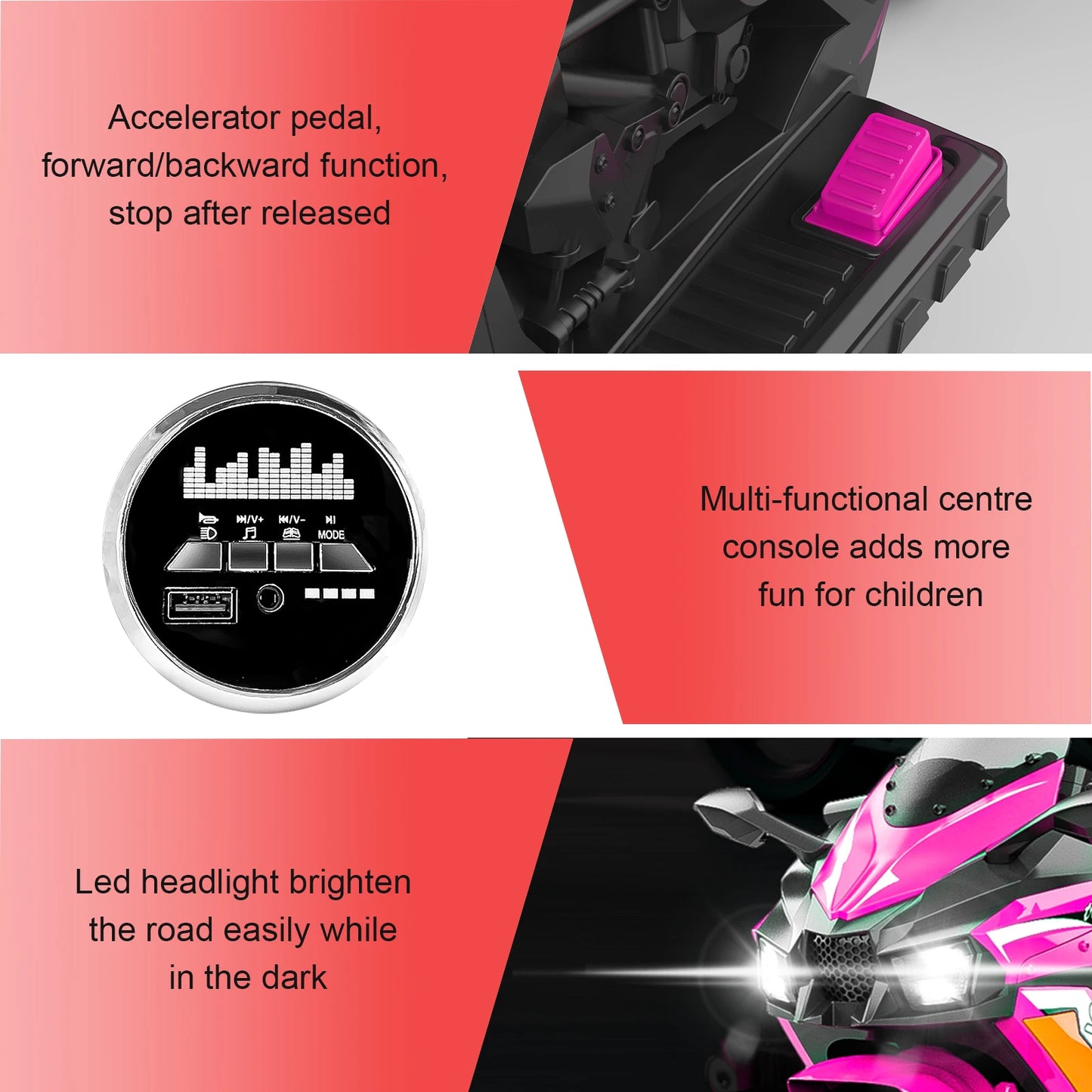 Kids 12V Electric Three Wheel Ride On Motorcycle With LED