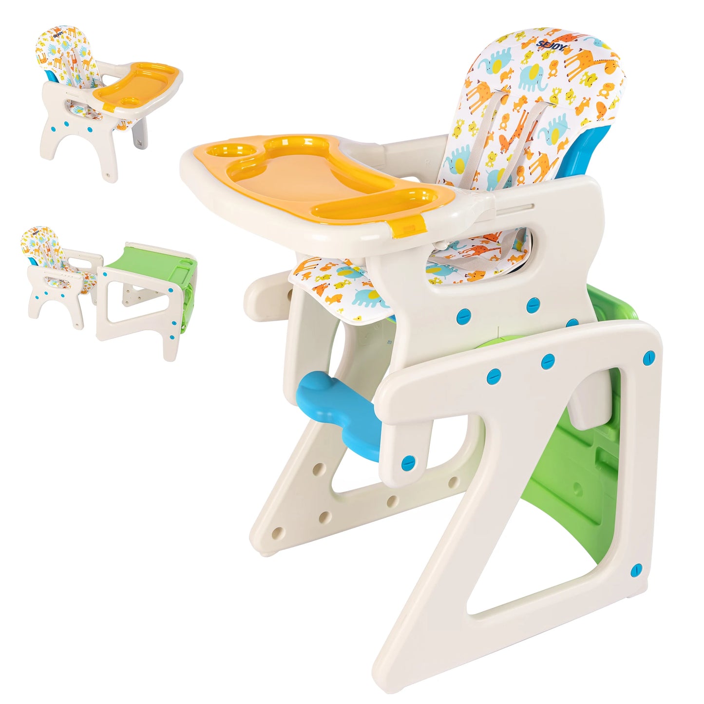 Baby High Chair Foldable 2-in-1 with Table Footrest Detachable Double Tray Easy to Clean Feeding Highchair