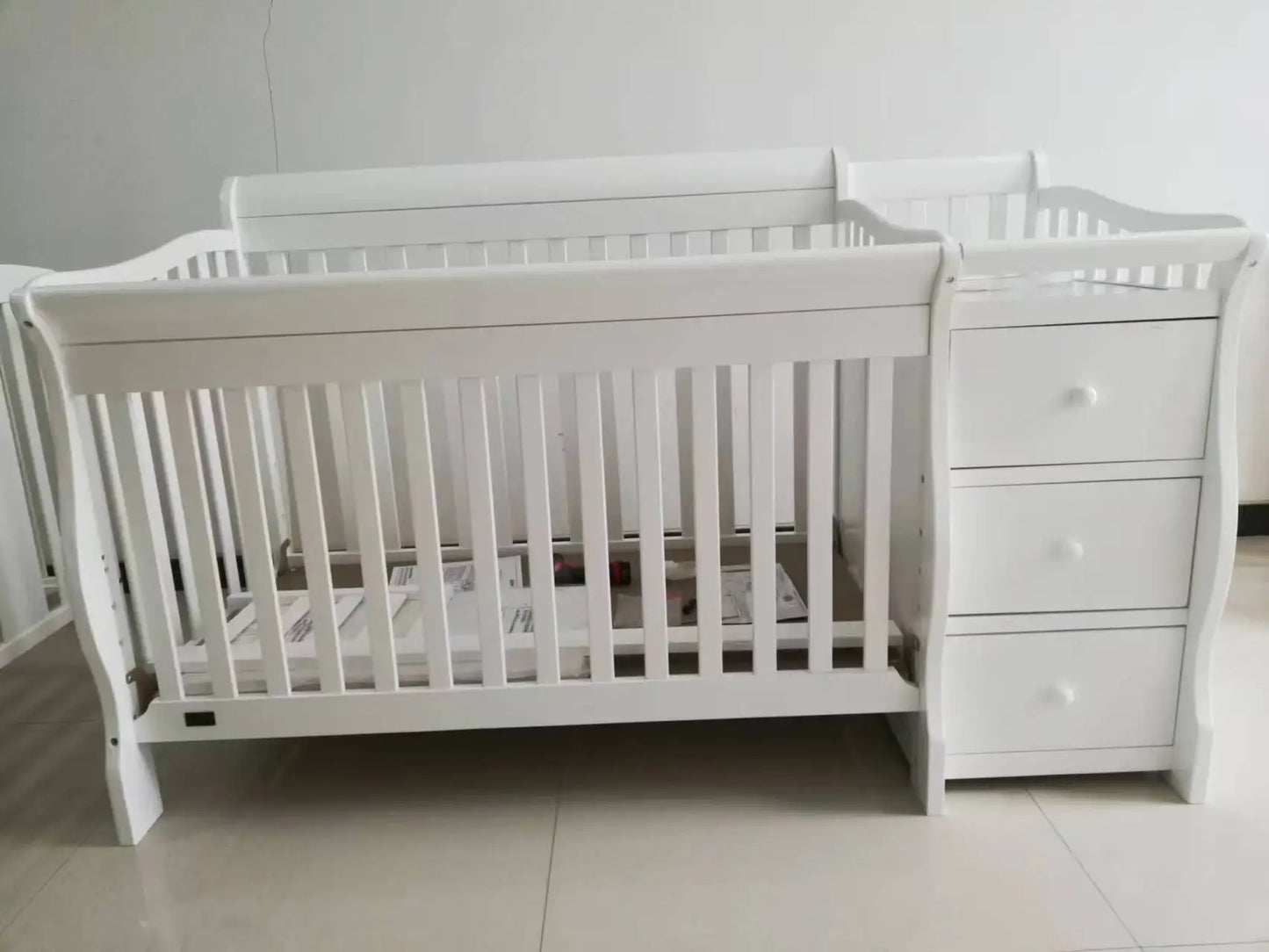 Kids Baby Cot Bed with Drawers and Diaper Hanging Storage Crib