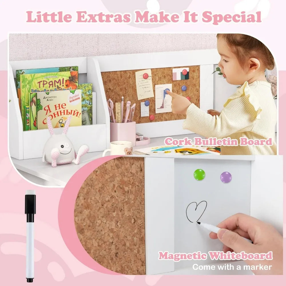 Kids Desk and Chair Set Wooden Children School Study Table and Chair with Whiteboard Hutch and Storage Shelves for Ages 3 and Up White