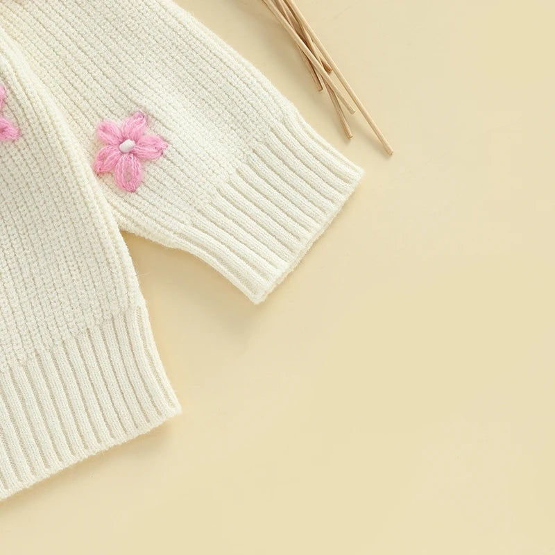 Cute Baby Girls Knit Sweater Floral Embroidery Cozy Sleeves