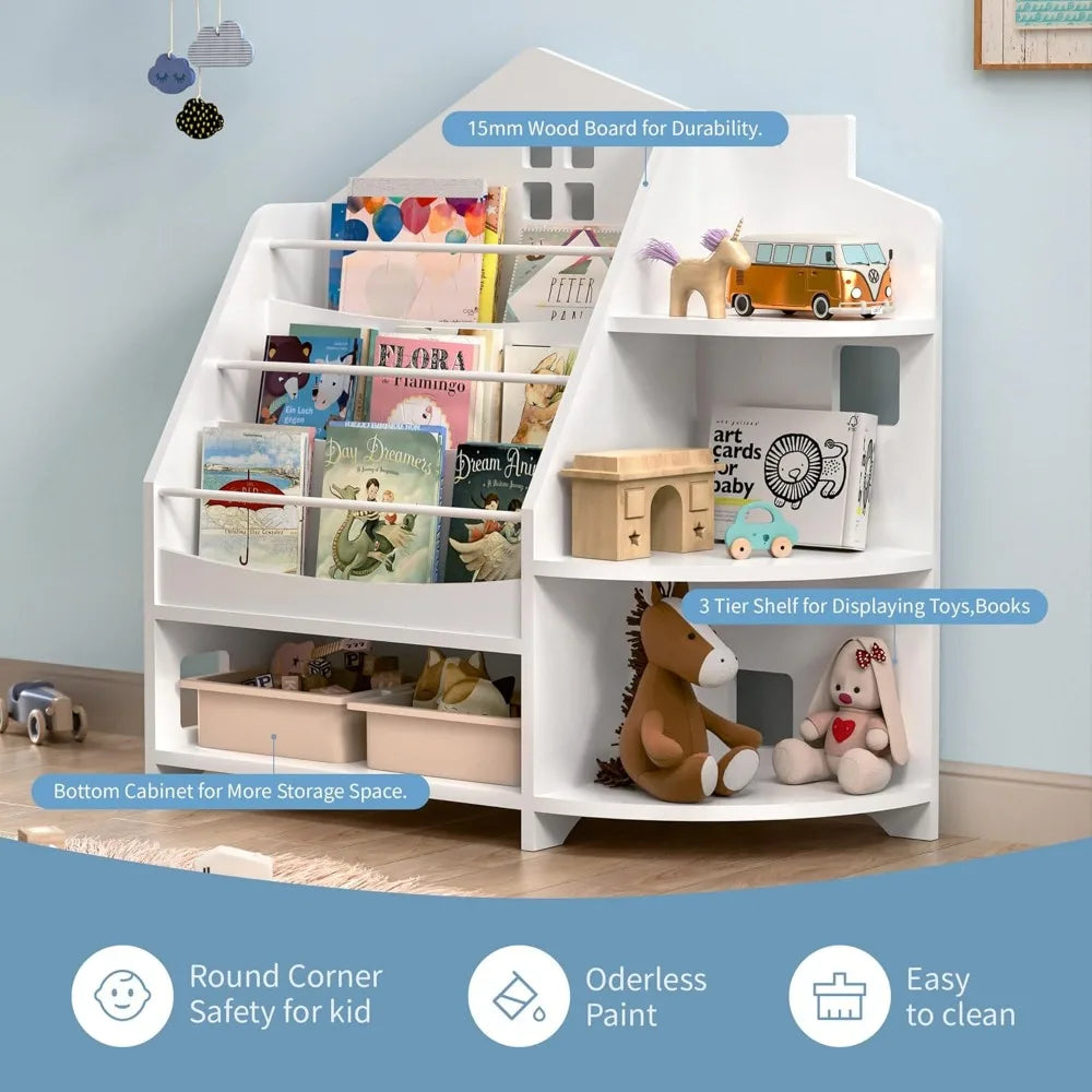 3 Tier Kids Bookshelf House Shape Montessori Storage