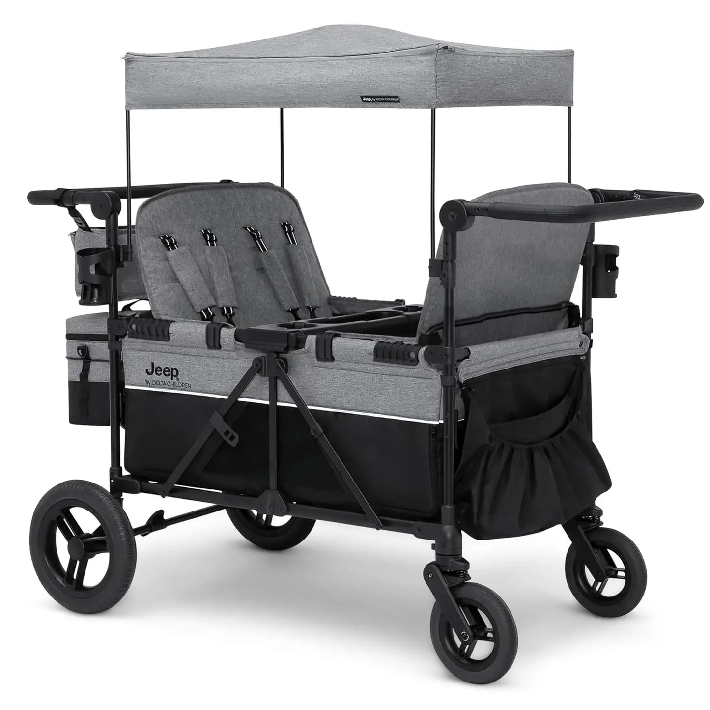 Deluxe 4 Seater Stroller Wagon Premium Quad Stroller for 4 Kids with Convertible Seats Adjustable Push Pull Handles Removable Canopy Flat Fold Grey