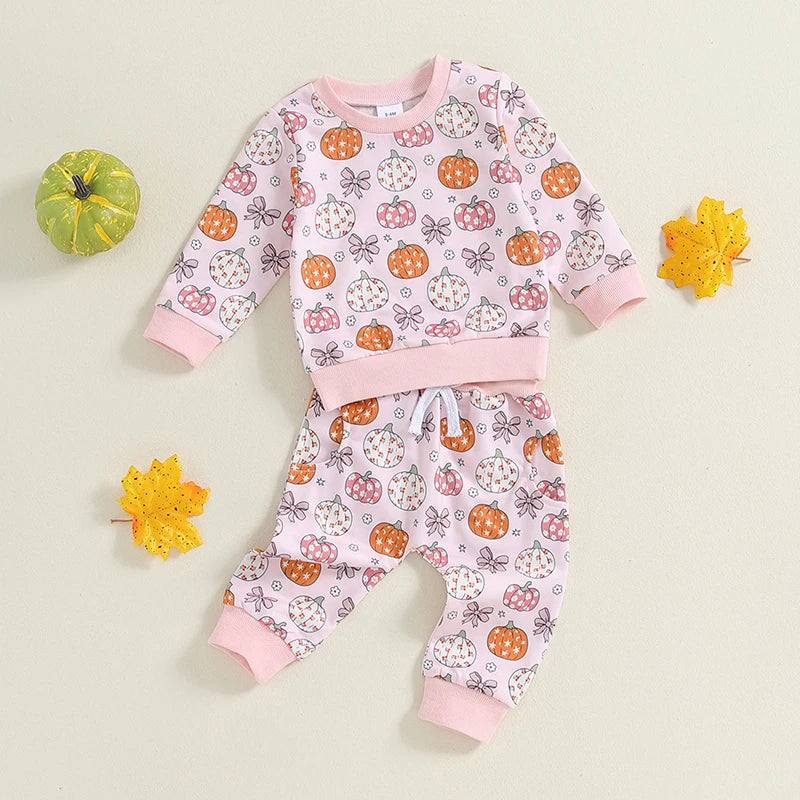 Infant Girls Halloween Pumpkin Patterned Top and Pants Set