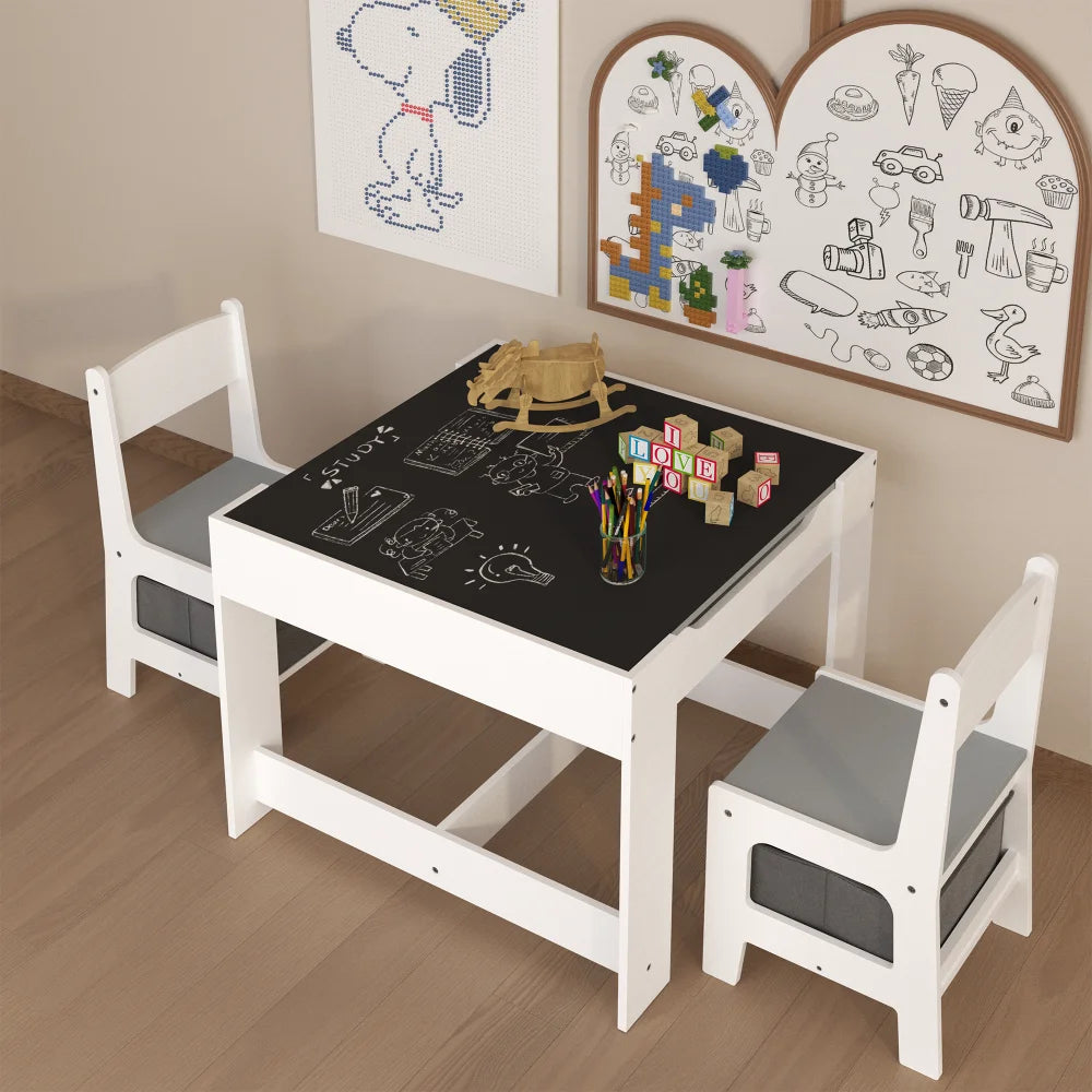 Kids Table And Chair Set 3 In 1 Wooden Table With Storage