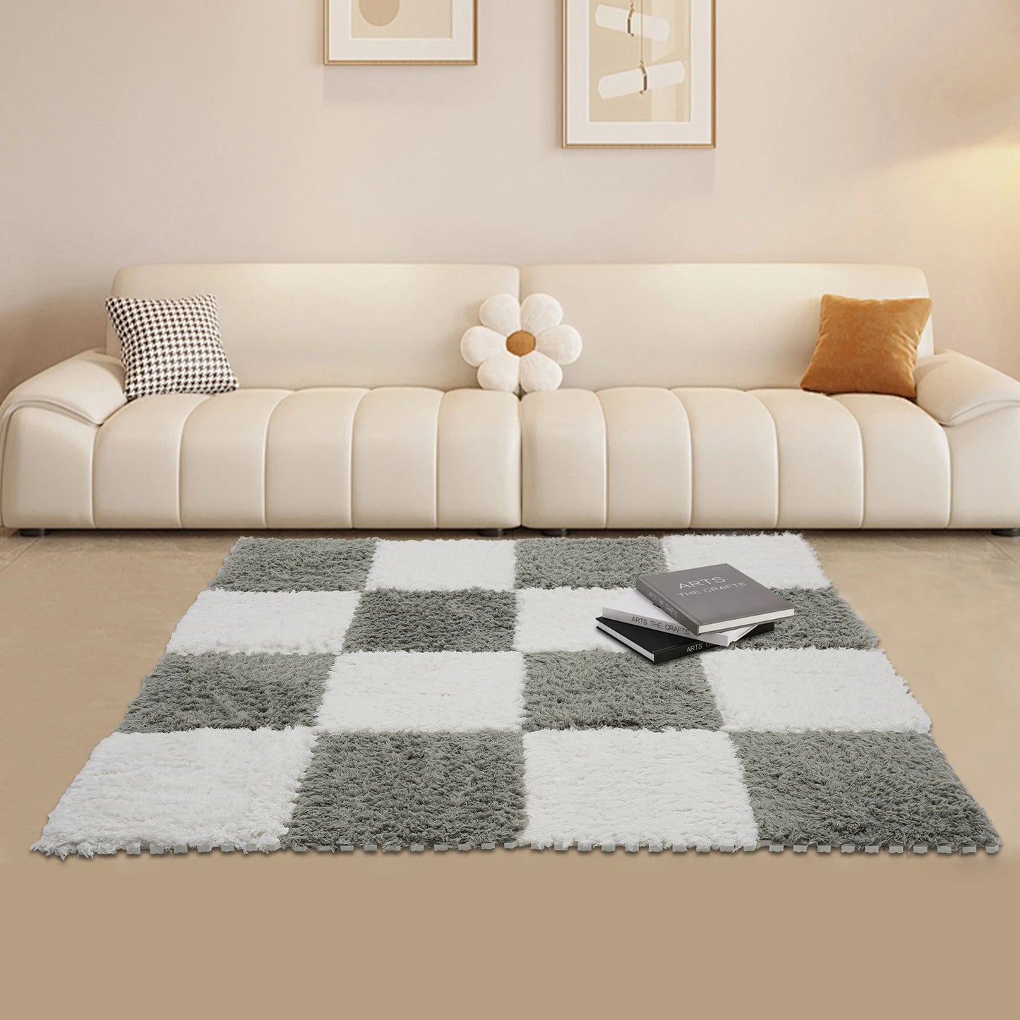 Fluffy Square Rugs 16Pcs Gray White Floor Mats For Kids