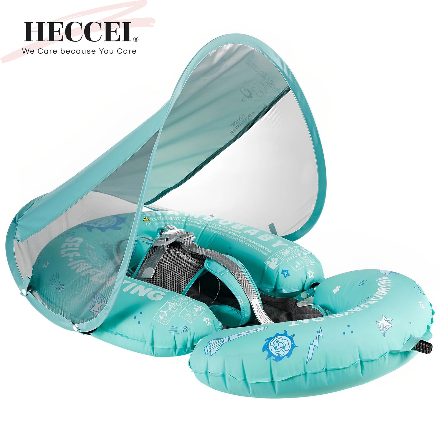 Heccrei Mambobaby Self Inflating Baby Swim Float with Canopy Compressible Folding Pool Float Waterproof Swim Trainer