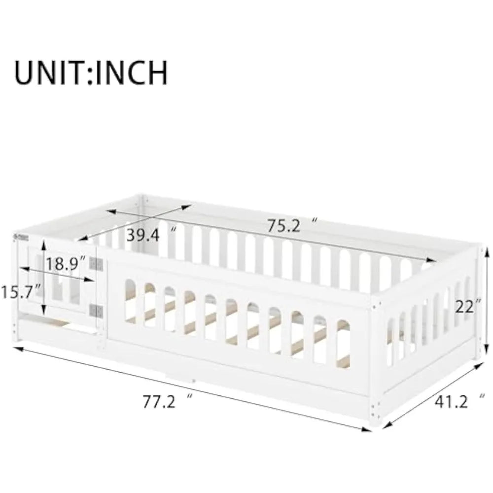 Twin Floor Bed With Slats In Solid Wood Guardrails And Door