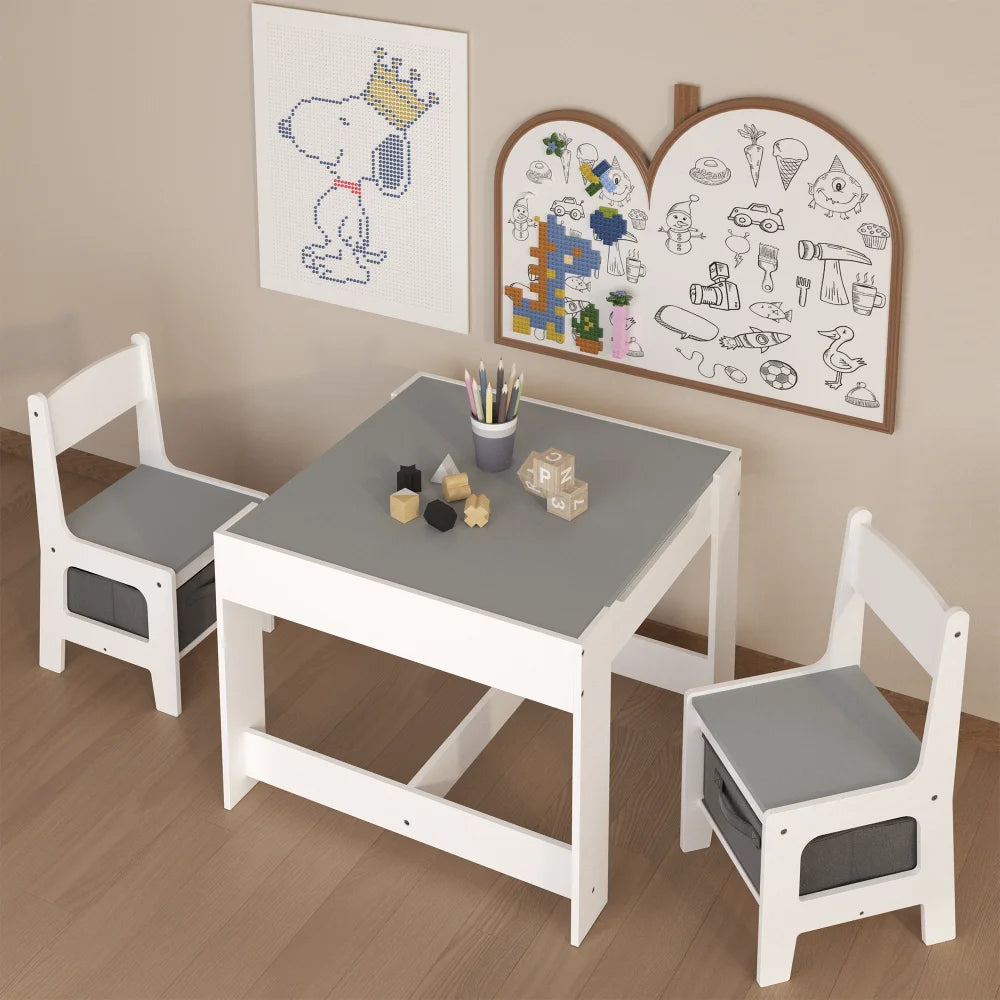 Kids Table And Chair Set 3 In 1 Wooden Table With Storage