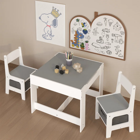 Kids Table And Chair Set 3 In 1 Wooden Table With Storage