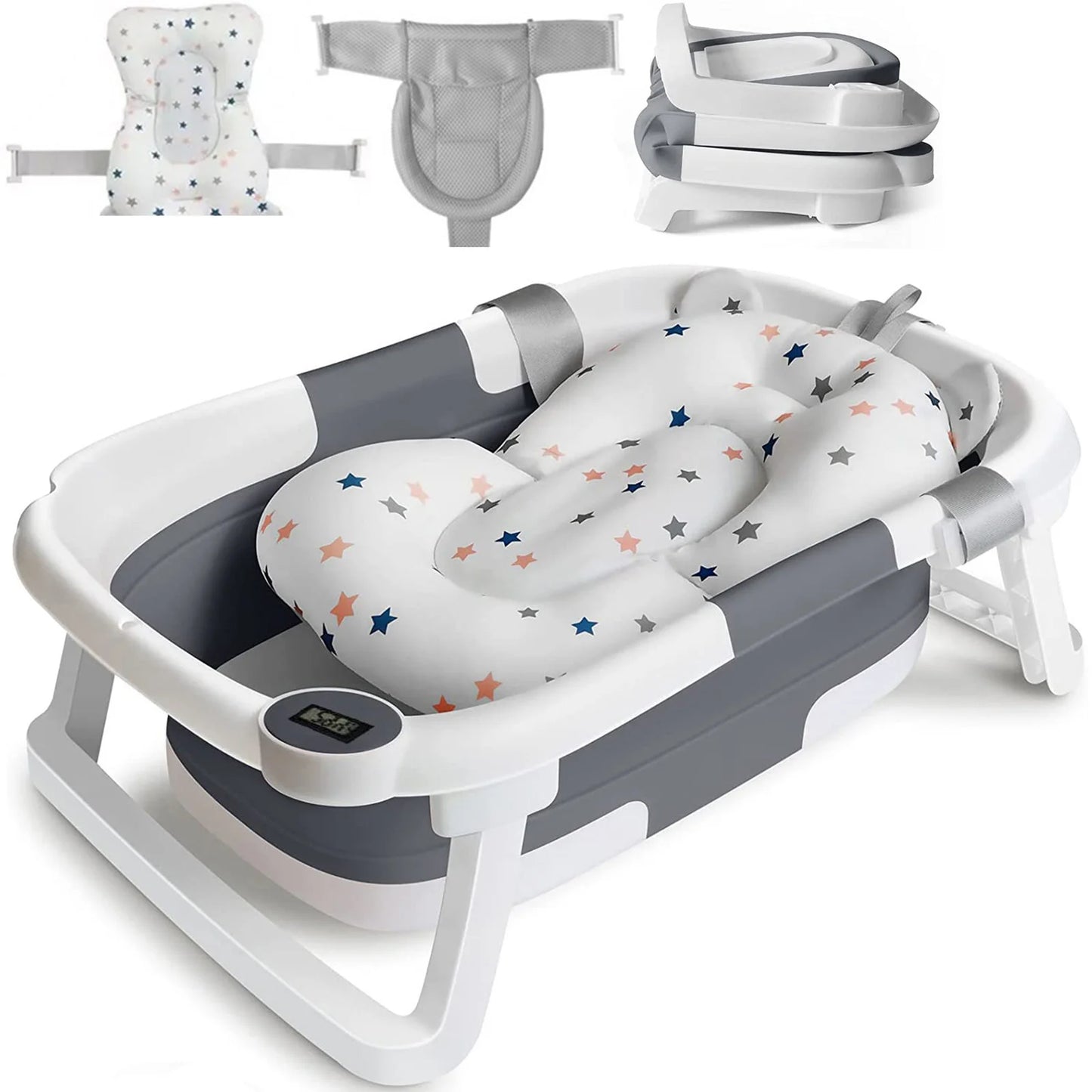 Baby Bath Tub with Bath Cushion Foldable Bathtub with Thermometer Shower Cap and Shower Brush for Newborn and Toddler 0 to 36 Months