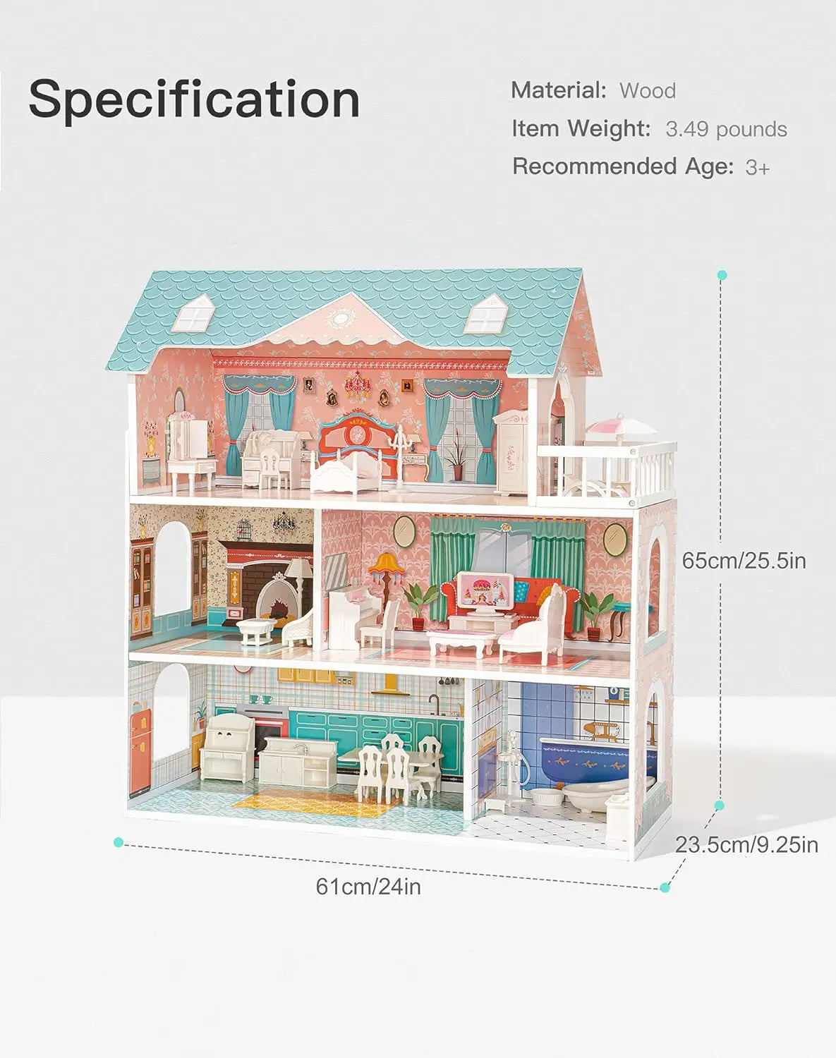 Robotime Robud Lady Wooden Dollhouse 3 Story with Balcony 28 Accessories Toy Gift for Girls Age 3 Years and Up
