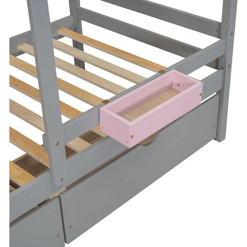 Twin Over Twin Bunk Bed With Drawers Storage Box Shelf Wood