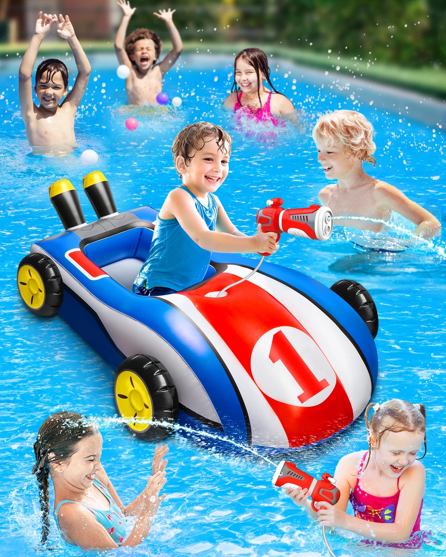 Inflatable Pool Float with Water Gun Ride-On Swimming Toy for Kids Ages 4 to 9 Summer Outdoor Water Pool Games