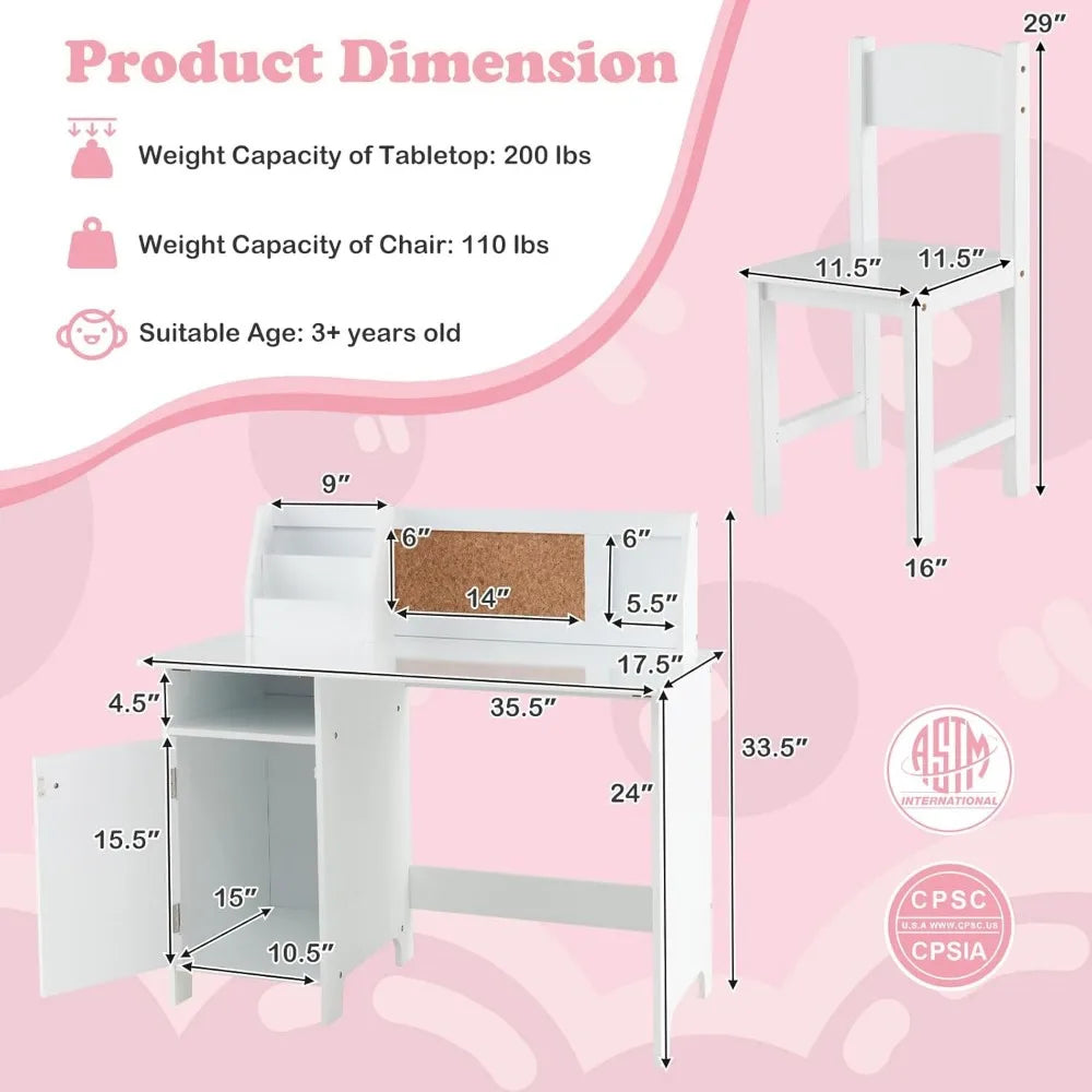 Kids Desk and Chair Set Wooden Children School Study Table and Chair with Whiteboard Hutch and Storage Shelves for Ages 3 and Up White