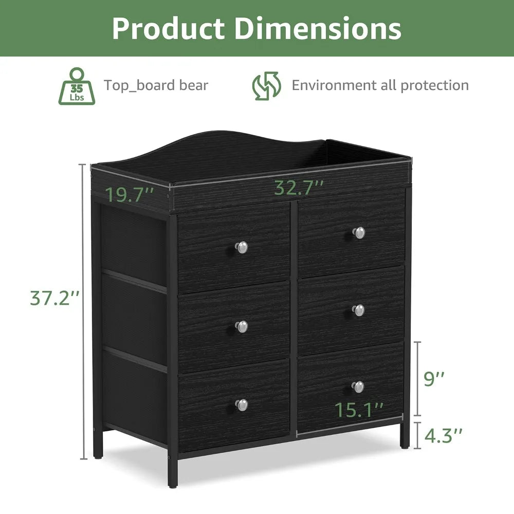 Black Changing Table Dresser With Six Fabric Drawers