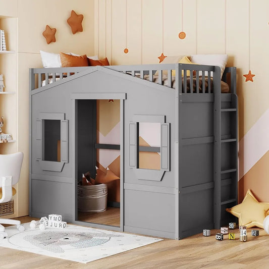 Twin Size Loft Bed With Play House And Ladders For Kids