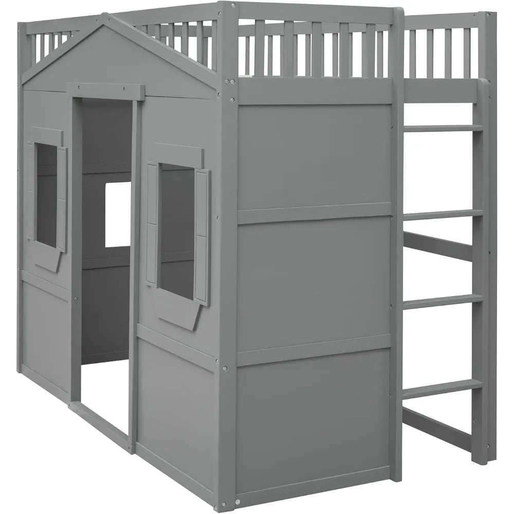 Twin Size Loft Bed With Play House And Ladders For Kids
