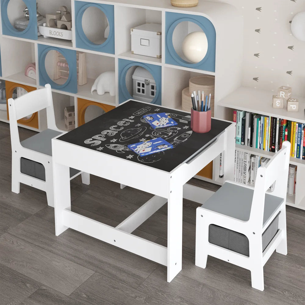 Kids Table And Chair Set 3 In 1 Wooden Table With Storage