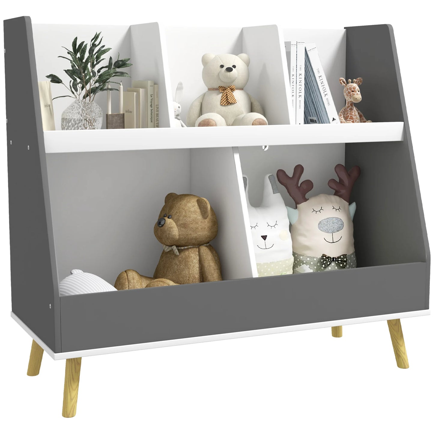 2 Tier Kids Bookcase Toy Shelf with 5 Compartments Gray