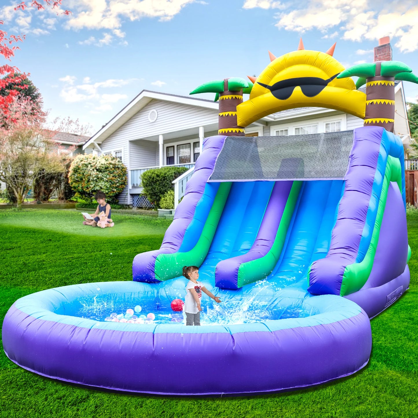 Inflatable Sunflower Outdoor Slide Air Bounce Water Amusement Play Equipment Double Slide Bubble Ball Pit