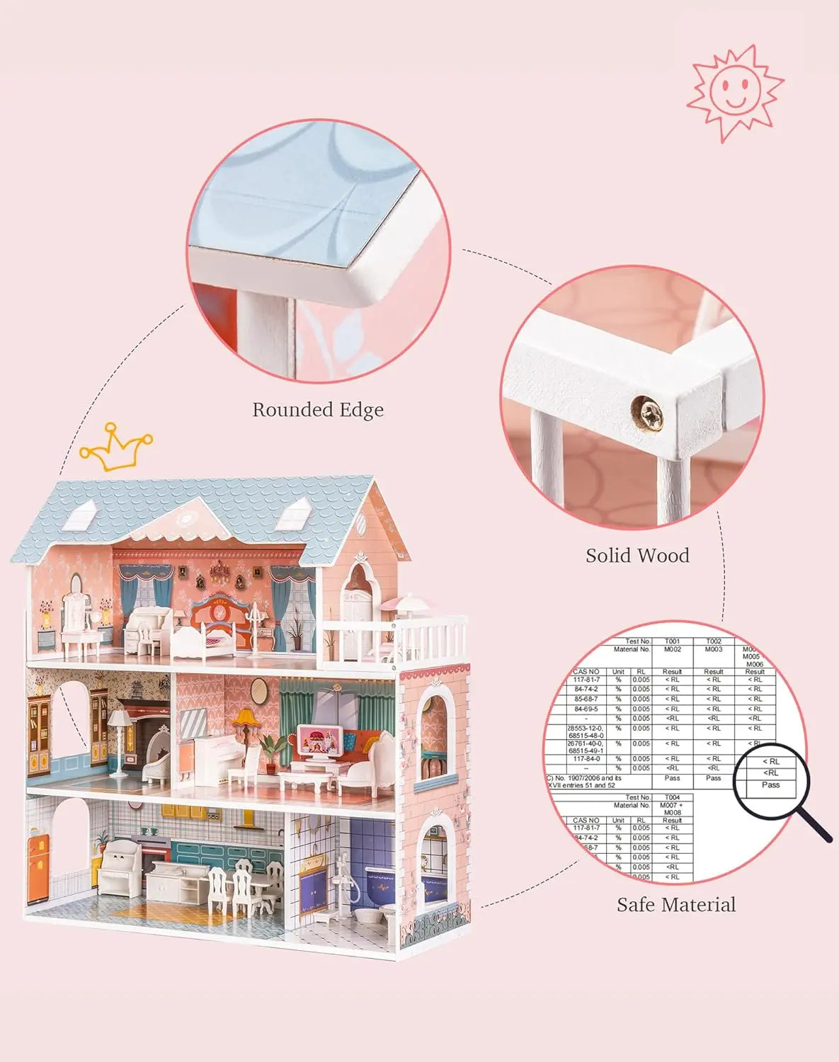 Robotime Robud Lady Wooden Dollhouse 3 Story with Balcony 28 Accessories Toy Gift for Girls Age 3 Years and Up