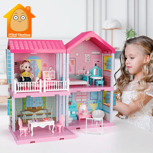 DIY Princess Big Villa Simulation Assembled Dollhouse Pink Castle Pretend Play Educational Toy for Girls Birthday Gift