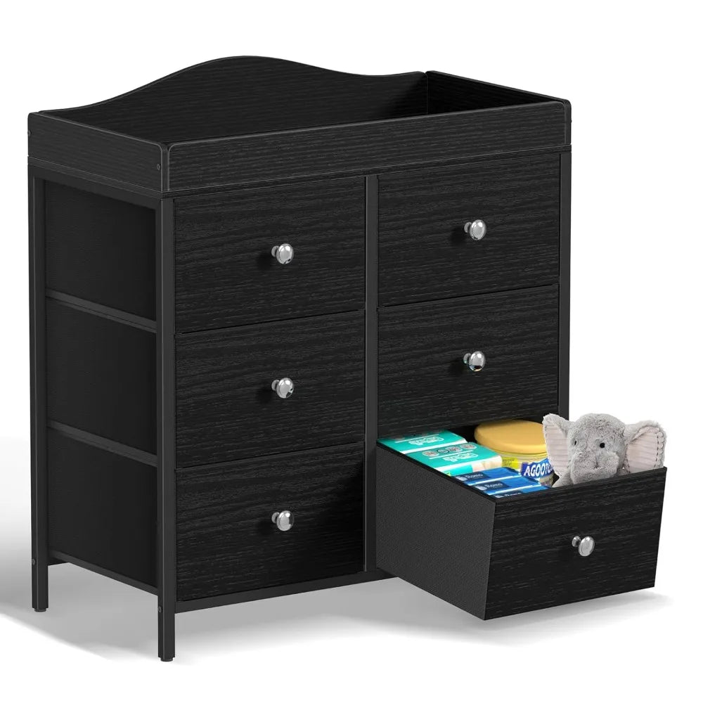 Black Changing Table Dresser With Six Fabric Drawers