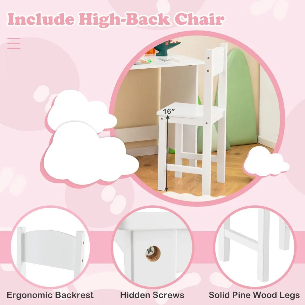 Kids Desk and Chair Set Wooden Children School Study Table and Chair with Whiteboard Hutch and Storage Shelves for Ages 3 and Up White