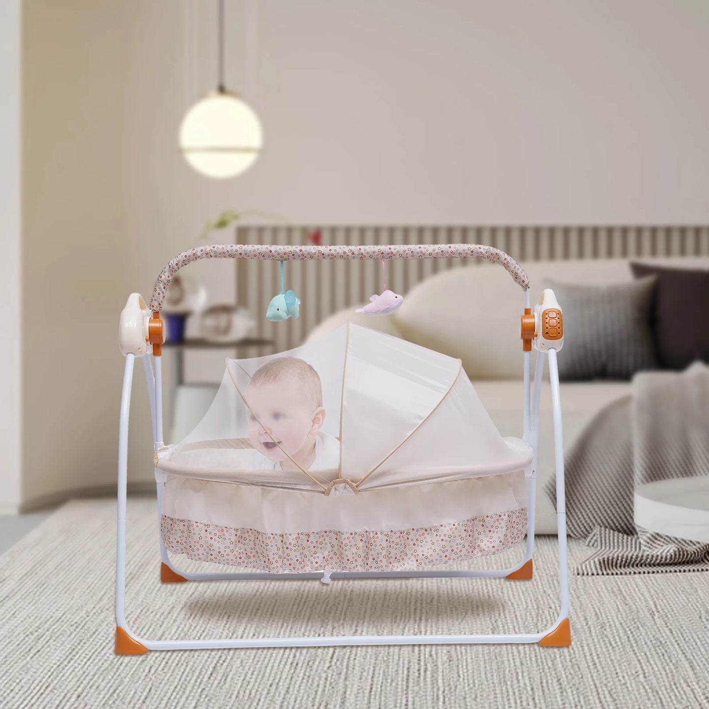 Cradle Swing Sleeping Bed Auto Rocking Chair 5 Speed Stand Baskets Musical Sleep Basket Khaki