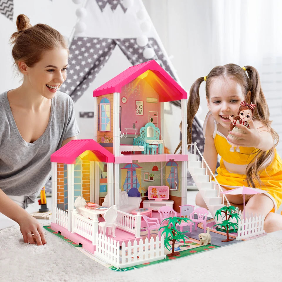 DIY Princess Big Villa Simulation Assembled Dollhouse Pink Castle Pretend Play Educational Toy for Girls Birthday Gift