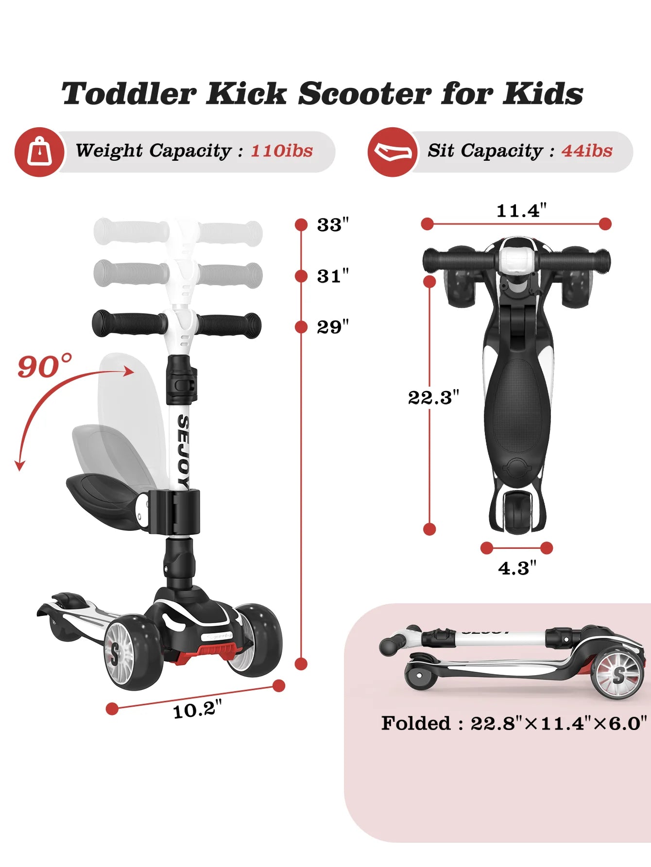 Sejoy Kid Kick Scooter Three Wheel Lightweight Children's Foot Scooter with LED Flashing Features Height Adjustable Design