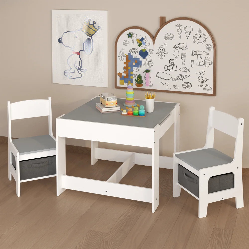 Kids Table And Chair Set 3 In 1 Wooden Table With Storage