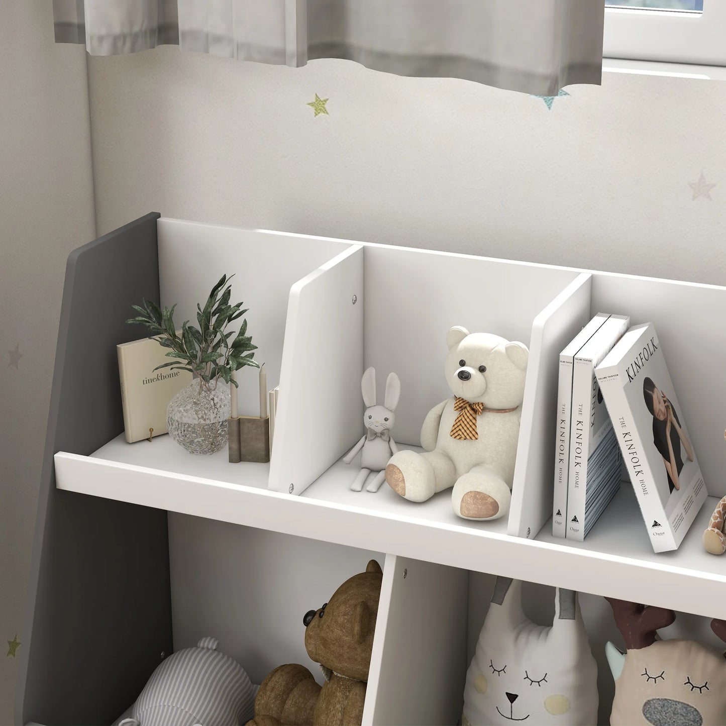 2 Tier Kids Bookcase Toy Shelf with 5 Compartments Gray