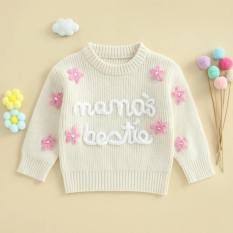 Cute Baby Girls Knit Sweater Floral Embroidery Cozy Sleeves