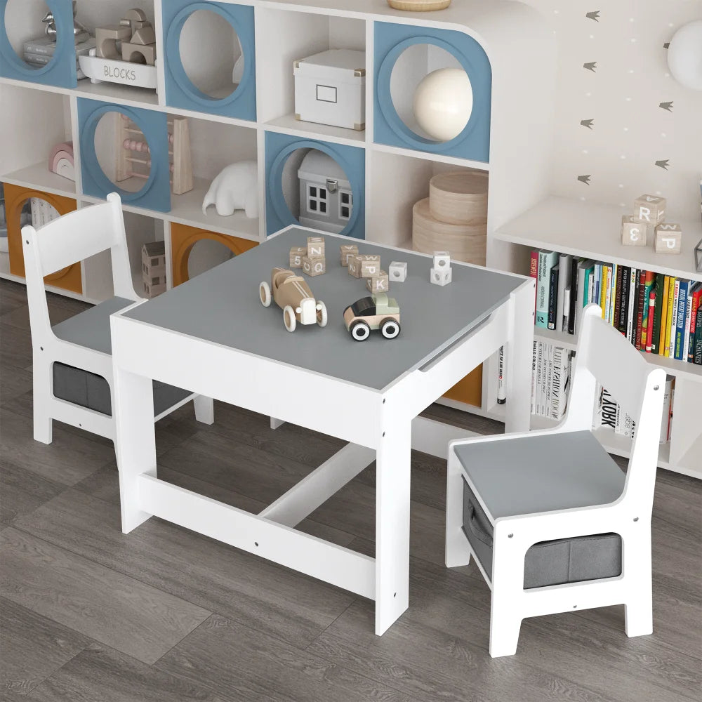 Kids Table And Chair Set 3 In 1 Wooden Table With Storage