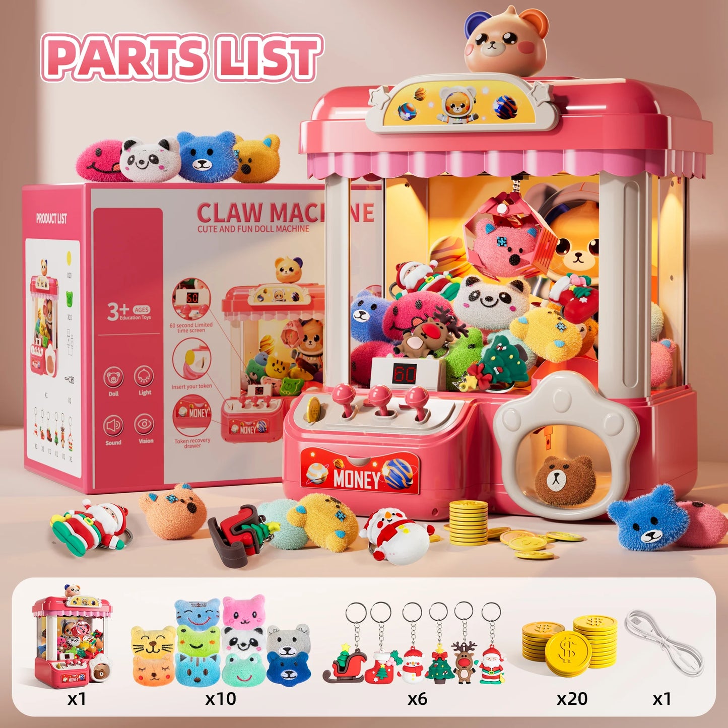 Doll Machine Claw Toy Interactive Coin Play Game Mini Clip Doll Machine for Kids Birthday Gift