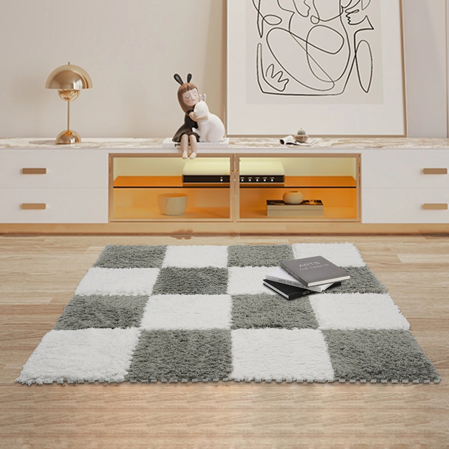 Fluffy Square Rugs 16Pcs Gray White Floor Mats For Kids